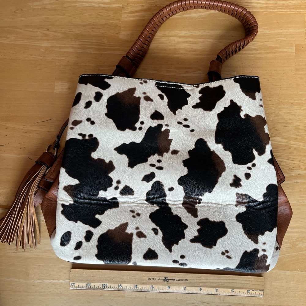 Cow Print Tote Bag with Brown Accents